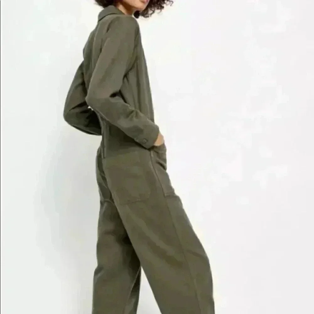 Free People Jumpsuit Utility Gia Coverall Slouchy Olive Distressed Patch Pockets